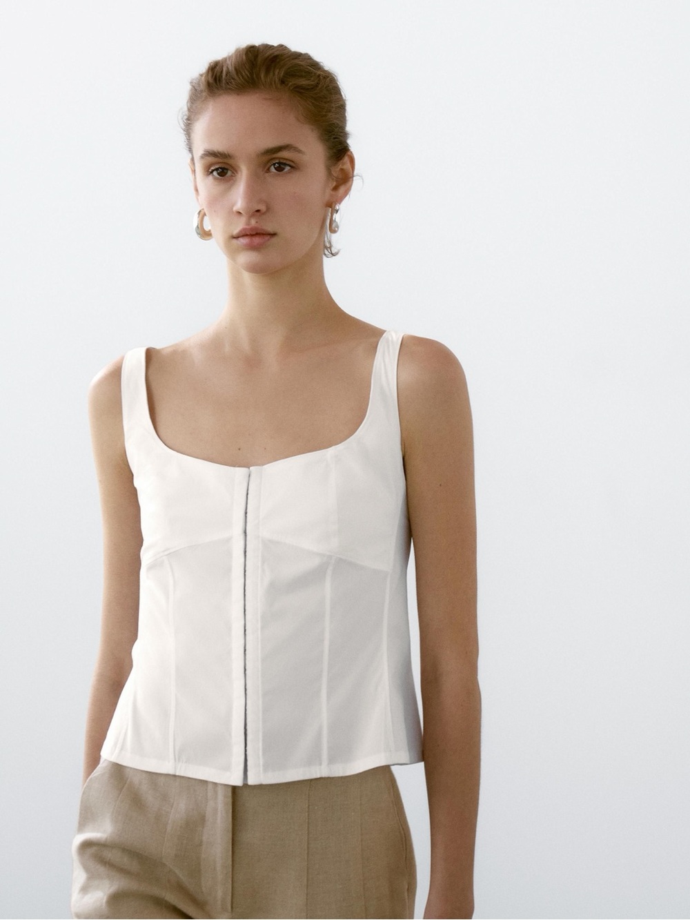 Massimo Dutti White Cotton Bustier-Style Camisole